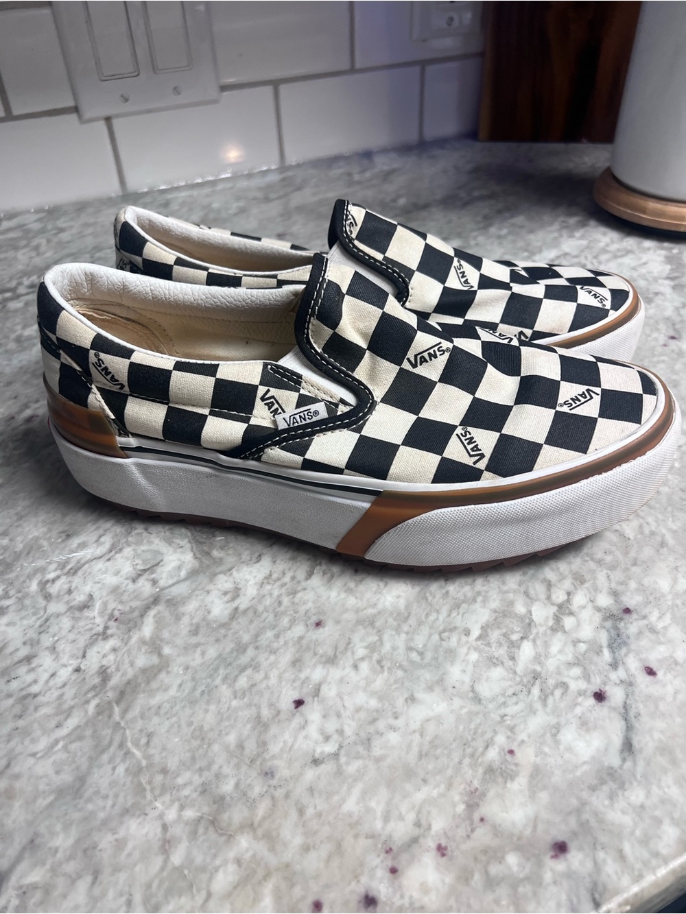 Vans Checkerboard Stacked Slip-On Platform Sneakers Women’s 9 Black Cream Gum